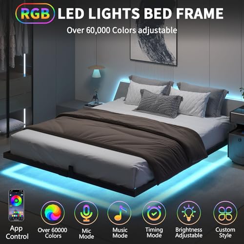 HOMBCK Floating Bed Frame King with LED Lights, Industrial Style Metal Bed Frame, No Box Spring Needed, Easy to Assemble, Noise Free HOMBCK