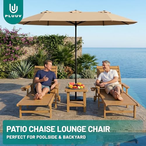 PLUUV HDPE Outdoor Lounge Chairs Set of 2, Patio Chaise Lounge Chairs for Outdside with 5-Position Adjustable Backrest & Cup Holders & Wheels for Patio, Deck, Poolside, Backyard -Brown