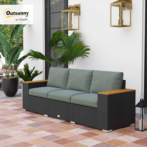 Outsunny 3-Seat Outdoor Patio Sofa with Cushions, PE Rattan Wicker Sofa with Wood Grain Wide Armrests, Outdoor Wicker Couch for Porch, Garden, Sunroom, Poolside, Dark Gray Outsunny