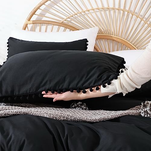 YIRDDEO Full Size Comforter Sets - Full Size Comforter with Ball Pom Fringe, Soft Bedding Set for All Seasons - 3 Pieces, 1 Comforter (79"x90") & 2 Pillow Shams(20"x26"), Black YIRDDEO