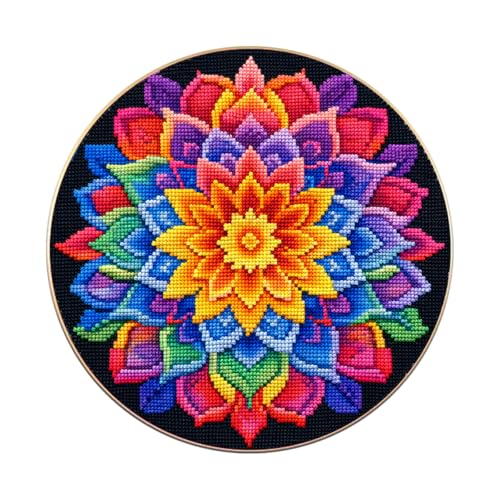Zhenqing Mandala Cross Stitch Kit for Beginners, 11CT Printed 36x36cm, Full Stitch Colorful Flower Design with Threads & Instructions (70817)
