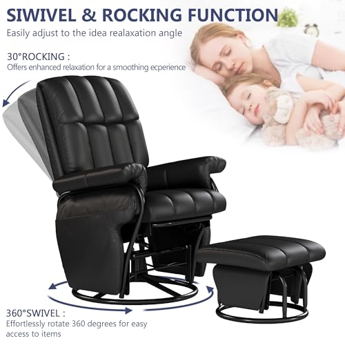 AODAILIHB 360° Swivel Glider Recliner with Ottoman, Nursing Glider Rocking Chair with Foot Rest & 2 Side Pockets for Nursery, Living Room, Bedroom, Office, Black