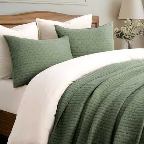 EVERGRACE Cross Stitch Pre-Washed Cotton Quilt Bedding Set King Size, Oversized 3 Pieces Lightweight Bedspread Coverlet for All Season, with 2 Matching Shams, Olive Green,108"x96" EVERGRACEHOME