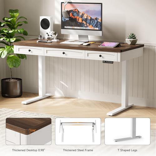ONBRILL Standing Desk with 3 Drawers, 55 x 24 Inch Electric Height Adjustable Desk with Storage & Outlets, for Computer Workstation, Home Office, Retro Curved Table Corner & Drawers, Walnut ONBRILL