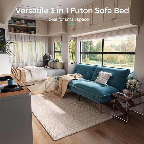 LINSY HOME Futon Sofa Bed, 70" Chenille Futon Couch with Adjustable Backrest Armrest, 3 in 1 Convertible Comfy Loveseat Sleeper Sofa Bed for Small Spaces Dorm Room Apartment Home Office, Blue LINSY HOME