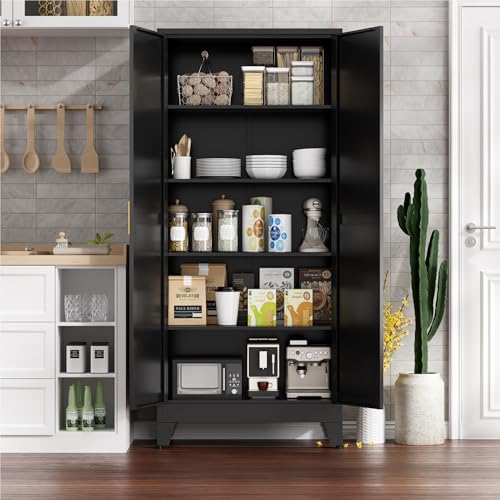 YNIQUESTLE Farmhouse Pantry Cabinet with Barn Doors, 71" H x 31.5" W, 5-Tier Metal Storage Cabinet with 4 Adjustable Shelves for Kitchen Garage Dining Room, Black 1 Pack YNIQUESTLE