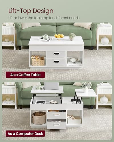 VASAGLE Coffee Table, Lift Top Coffee Table with 2 Drawers and Hidden Compartments, Center Table with Lift Tabletop, Open Compartments, for Living Room, Home Office, Snow White ULCT210W01 VASAGLE