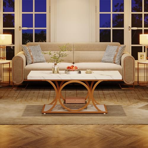 Tribesigns Rectangle Coffee Table, 47.24-inch Modern Coffee Tables for Living Room, 2-Tier Faux Marble Wood Coffee Table with Geometric Legs, Furniture with Storage Shelf (White & Gold) Tribesigns