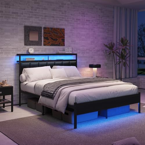 Full Size Bed Frame with Charging Station and LED Lights, Black Upholstered Headboard with 2-Tier Storage Shelves, Metal Bed Frame with Headboard, No Box Spring Needed, Easy Assembly,Black CollaredEagle