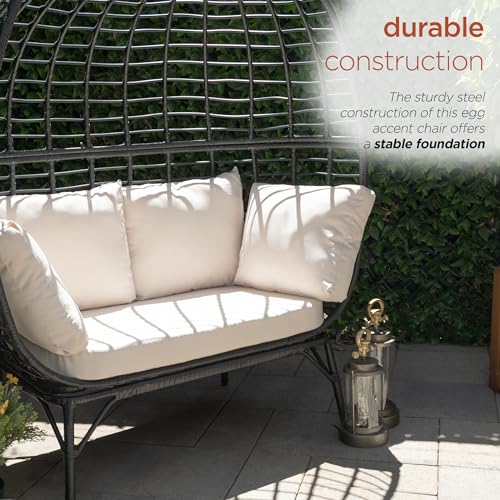 Alpine Corporation MHQ130 Indoor/Outdoor Double Seat Egg Chair w/Cushions, Versatile Patio & Sun Room Seating, 57" H, Black Alpine Corporation