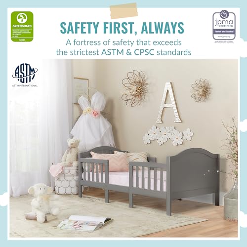 Dream On Me Portland 3 In 1 Convertible Toddler Bed in Steel Grey, Greenguard Gold Certified, JPMA Certified, Low To Floor Design, Non-Toxic Finish, Pinewood Browell