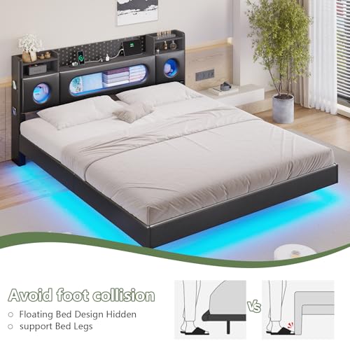 Dnxao California King Bed Frames with Hidden Storage Headboard, Modern Floating Bed Frame with LED Lights & Charging Station (USB-C), Recessed Non-Slip Platform Bed No Box Spring Needed, PU Black Dnxao