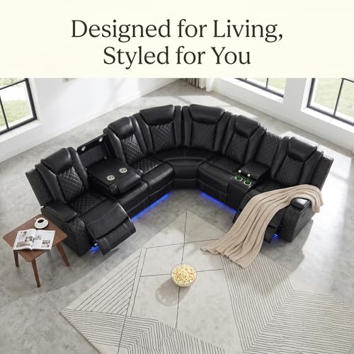 Bicerkib Leather Sectional Sofa with Recliner,Power Recliner Sectional Couches for Living Room Furniture Sets,Leather L Shaped Reclining Sofa with LED Lights/Storage Console/Cup Holders,Black