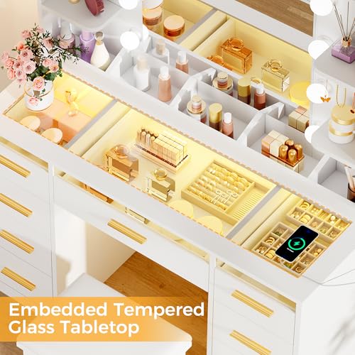 ANWBROAD Vanity Desk with Mirror and Lights 3 Colors Large Makeup Vanity Table Set Transparent Glass Top with 9 RGB Drawers, 4 Shelves Vanity Desk with Stool Power Outlet White Bedroom Women UBDT94W ANWBROAD