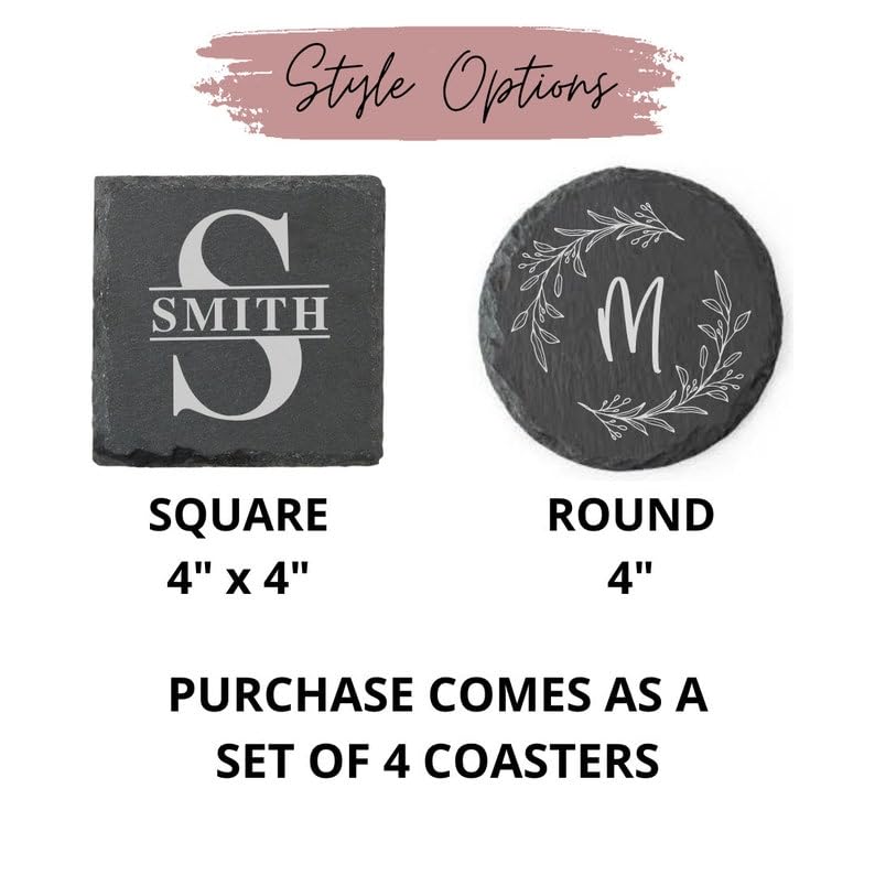 Set of 4 Slate Drink Coasters, Personalized Housewarming Gift, Personalized Gifts, Wedding Couples Gift, Engraved Stone Coasters, Custom Gift Set, Monogram Coasters, New Home Gifts, Drinkware Generic