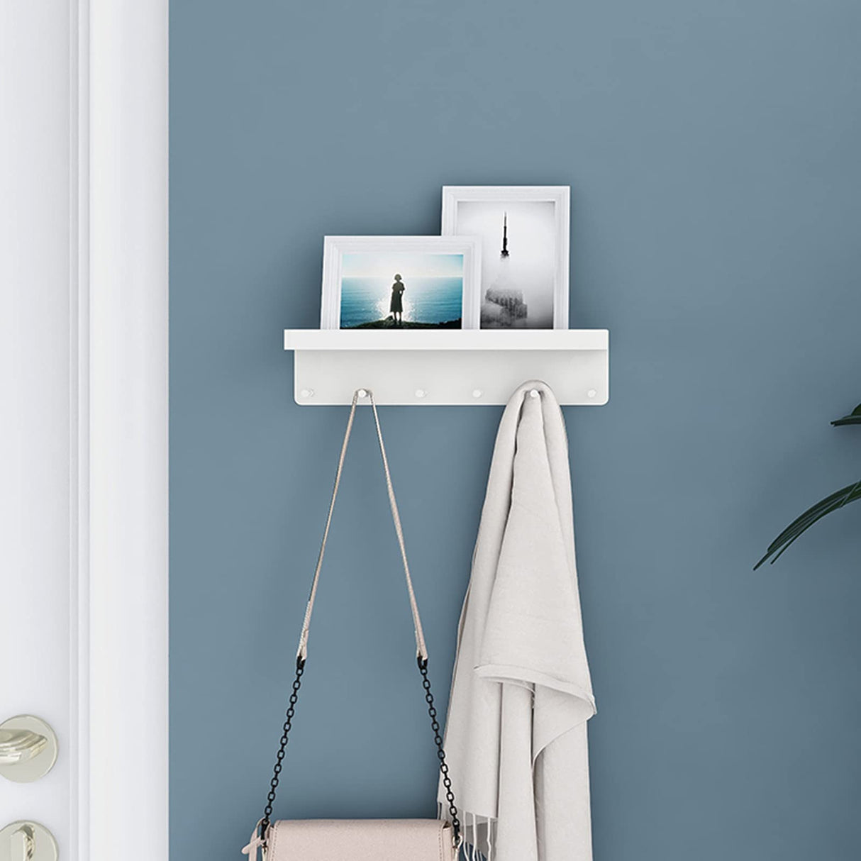 Key Holder for Wall Decorative - Mail Organizer and Key Rack with Tray for Hallway Kitchen Farmhouse Decor,Stainless Steel Key Hooks Mail Holder Wall Mounted - 6 Hooks (White) MKO