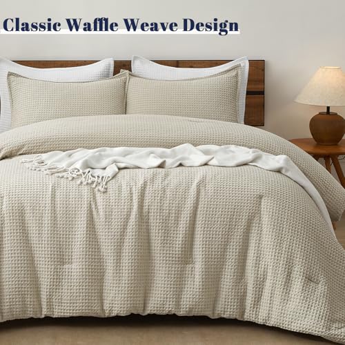 PHF Ultra Soft Waffle Weave Comforter Set Twin Size, 2 Pieces Lightweight Breathable Comfy Bedding Set, Comfy Textured 1 Comforter with 1 Pillow Shams, Linen PHF