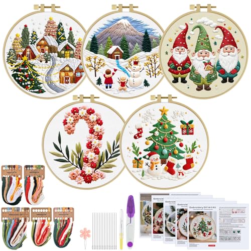 ERKOON Embroidery Kit for Beginners, 5 Sets Christmas Cross Stitch Set for Adults Include Embroidery Cloth Hoops Threads for Craft Lover Hand Stitch with Skill Techniques (Christmas#2)