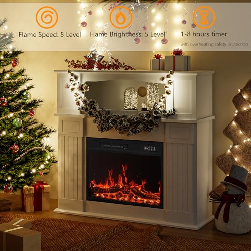 BOSSIN 43" Electric Fireplace with Mantel, 14-Color LED Light Strip, 23 inch Insert, Freestanding TV Stand with Heater, Wooden Surround, Faux Log & LED Flames, Remote Control, 750W/1500W, White BOSSIN