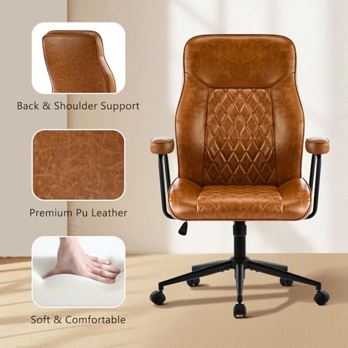 Furnistyle Leather Home Office Desk Chairs, Comfy Office Chair, Mid Century Modern Office Chair with Lumbar Support, Mid-Back Adjustable Swivel Computer Chair with Wheels and Arms, Brown Furnistyle