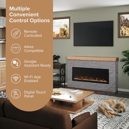 Modern Ember Wyman Linear Grey Stone Mantel Package with 50" Smart Electric Fireplace Heater Insert | Alexa/WiFi Enabled | Multi-Flame Colors & Brightness Modern Ember