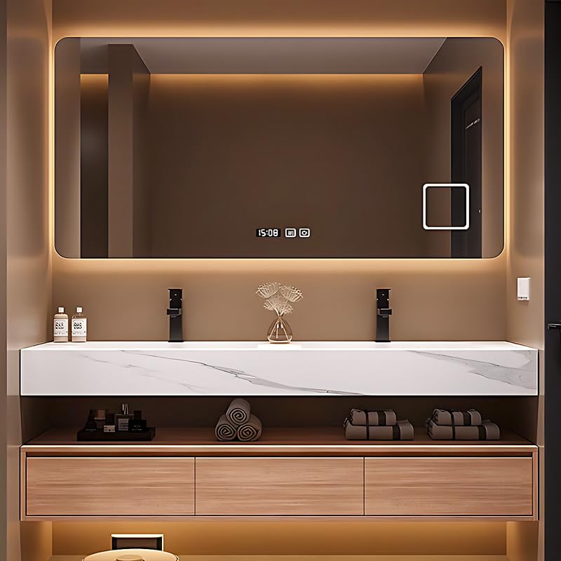 High QLO Bathroom Vanity Double Sinks Set - Floating Log Color Classic Design Bathroom Vanity Includes Three Large Drawers | Open Storage Rack & Time Display Mirror,Double Basins(60IN) High QLO