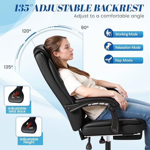 Furmax Office Chair with Footrest Ergonomic High Back Design Executive Computer Desk Chair400lbs, 90-135° Reclining Leather Home Office Desk Chairs Swivel Task Chairs with Wheels(Black) Furmax