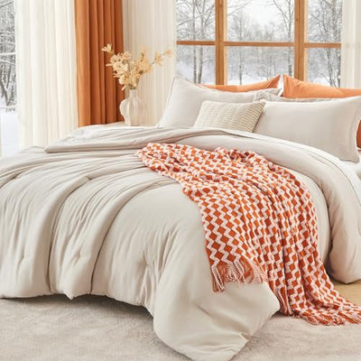 MUXHOMO Queen Size Comforter Set Beige, 3 Piece Solid Bedding for All Seasons, Warm Down Alternative Bed Set Includes 1 Lightweight Comforter (90"x90") and 2 Pillowshams (20"x26")