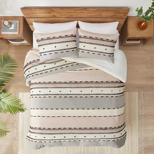 Hyde Lane Boho Queen Comforter Set, Modern Farmhouse Full Size Bedding, Cotton Top with Neutral Rustic Clipped Jacquard Stripes, Tufted Bed Sets, 3-Pieces Including Matching Pillow Shams (90" x 90") Hyde Lane
