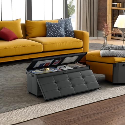 DocSafe Storage Ottoman Bench,Fireproof&Waterproof Folding Bench with Lock(15”x 43”x15”),Leather Storage Chest with Handles&2 Extra Boxes,Ottoman Safe for Bedroom,Living Room,Home Office,Black DocSafe