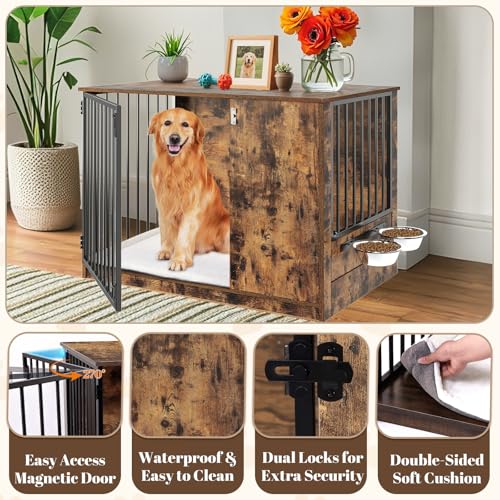 Dog Crate Furniture with Cushion for Large Dogs, 36" Indoor Wooden Dog Kennel with 270° Swivel Door, 360° Rotating Feeder, Decorative Heavy Duty Dog House with Double Locks & Bowls, Rustic Brown TBWIND