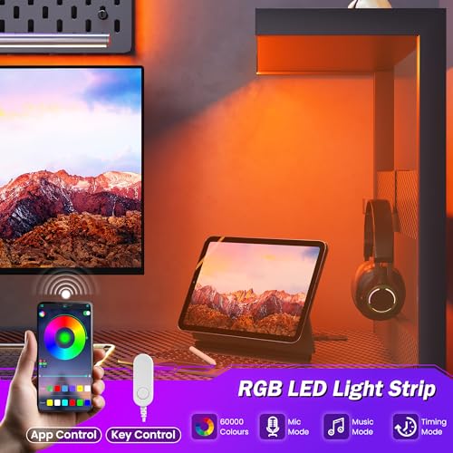 YOUDENOVA 48 Inch Gaming Computer Desk with Led Lights, Small Desk with Storage Shelves and Drawers, Reversible Compact Gamer Table for Home Office, Carbon Fiber Black YOUDENOVA