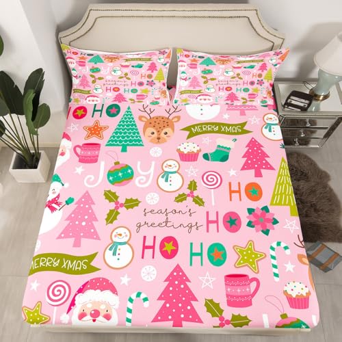 Erosebridal Pink Christmas Bed Sheets, Cartoon Santa Claus Sheet Set Twin for Kids Boys Girls Women Bedroom, Snowman Pine Fitted Sheet + Christmas Tree Cute Deer Top Sheet + 1 Xmas Decor Pillow Case Erosebridal