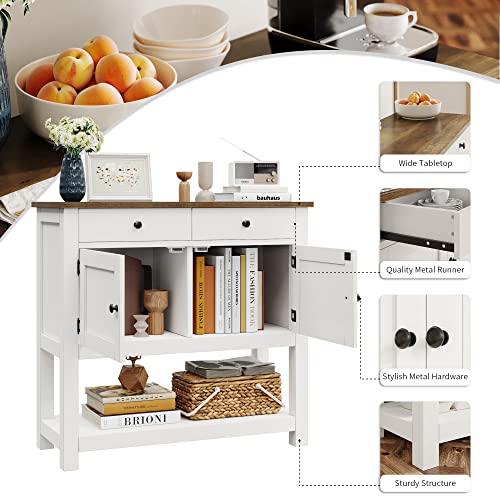 HOSTACK Farmhouse Console Table with 2-Door Cabinet & 2 Drawers, Coffee Bar, Entryway Table with Storage Shelf, Sofa Tables Buffet Sideboard for Kitchen, Hallway, Dining, Living Room, White HOSTACK