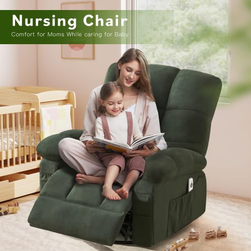 Oversized Recliner Chair for Adults w/ 8-Point 3D Kneading Massage and Lumbar Heating, Swivel Rocker Recliner w/USB Charge Port for Living Room, Ergonomic Lazy Boy Single Sofa Chair (Green)