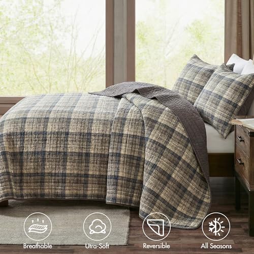 Woolrich Reversible Quilt Cabin Lifestyle Design - All Season, Breathable Coverlet Bedspread Bedding Set, Matching Shams, Oversized Full/Queen, Tasha Plaid Tan/Brown 3 Piece Woolrich John Rich & Bros.