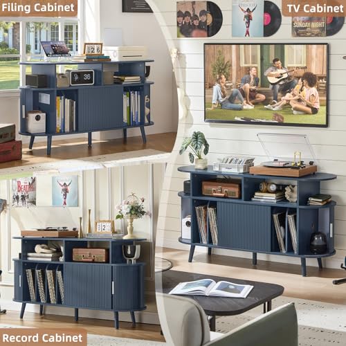 LELELINKY Large Round Record Player Stand with Charging Station & Fluted Panel, Blue Mid Century Modern Turntable Cabinet with Vinyl Storage, Arched Wood Record Player Table for Living Room LELELINKY