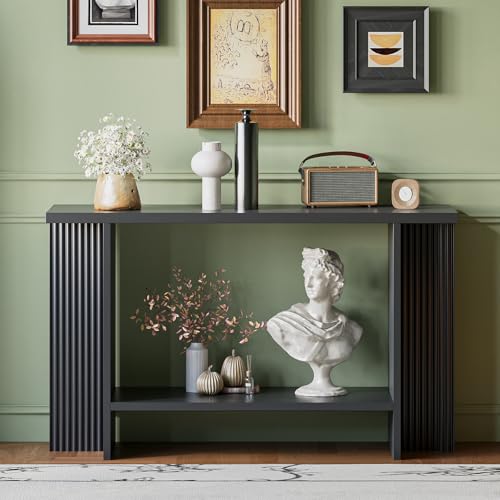 Trironsun Fluted Console Table for Small Spaces 2-Tier Storage Narrow Entryway Table with Solid Wood Cross Base Mid-Century Modern Sofa Table for Hallway Living Room Behind Couch Trironsun