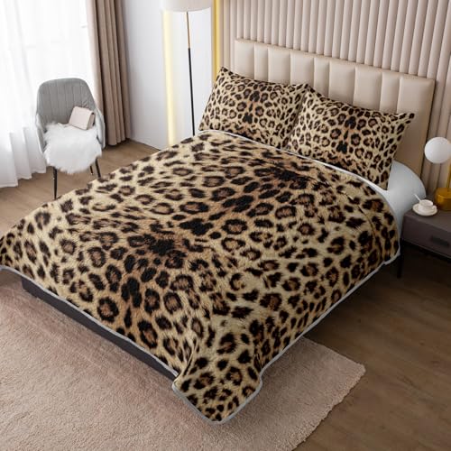 HOSIMA Leopard King Size Quilt,Brown Lightweight Animal Themed Cheetah Bedding Set,Leopard Print Soft Summer Quilts King for Adults Bedroom Decor with 2 Pillowcases. HOSIMA