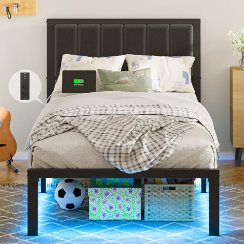 OLEVS Twin Bed Frame with Headboard Metal Platform Bed Twin Size with USB Charging Station and LED Lights, No Box Spring Needed OLEVS