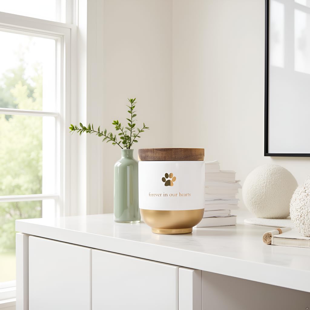 Pearhead Pet Ceramic Forever in Our Hearts Urn, Pet Memorial, Dog Or Cat Keepsake Urn, Rainbow Bridge, Gold Pearhead