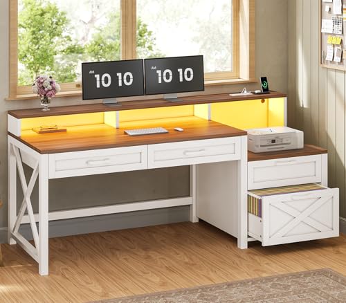 SEDETA Farmhouse Home Office Desk with File Drawer & Power Outlet, Computer Desk with 4 Drawer, Storage Shelves, Printer Cabinet and Monitor Shelf, Gaming Desk with Led Lights, White SEDETA