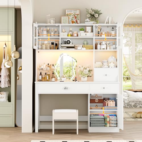 FACBOTALL Computer Desk with Hutch and RGB Lights, 65" Office Desk with Power Outlet, Makeup Vanity with 3 Doors & 3 Drawers, White Executive Desks for Home, Work and Study FACBOTALL