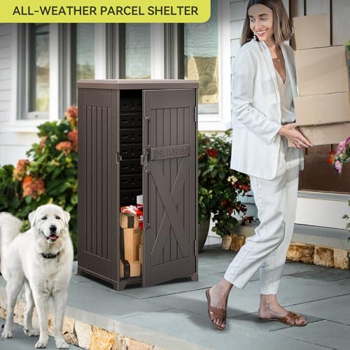 YITAHOME 60-Gallon Secure Package Delivery and Storage Box, Double-Wall Resin, Weatherproof, for Outdoor Use, Curbside or Porch, 8.5 Cubic Feet, Brown YITAHOME