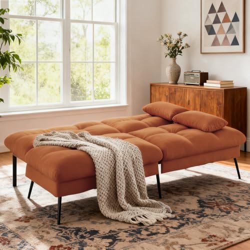 COMHOMA Convertible Sofa Bed,68″Fabric Couch with Adjustable Backrest,Loveseat Recliner Sleeper Living Room Furniture futon Set,Orange COMHOMA