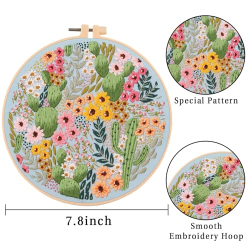 LB Pink Floral Embroidery Kit for Beginners Adults, 3 Sets Hand Embroidery Starter Kit with Cactus Flower Pattern and Instructions Stamped Cross Stitch Kits Include Embroidery Hoop Needles Threads