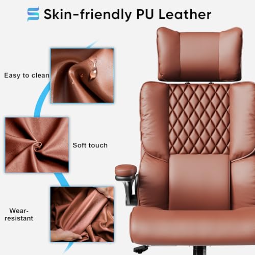 Sytas Executive Office Ergonomic Chair with Adjustable Headrest, PU Leather Desk Chair, High-Back Swivel Task Chair for Home Office, 135° Reclining, Brown Sytas