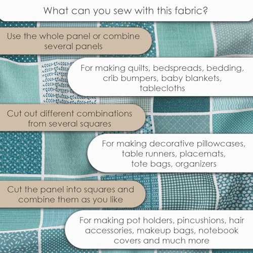 Cotton Satin Patchwork Fabric Panel – 35 Designs, 20×20 cm Squares, Single Piece 150×110 cm, Green Patchwork Quilt Fabric (Turquoise Waves Patchwork Set, 35pcs 8x8 inch) Fabricstown