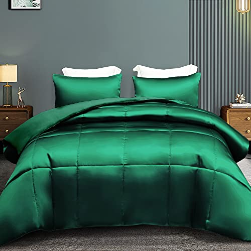 Whale Flotilla 2-Piece Reversible Silky Soft Twin Size Comforter Bedding Set, Luxurious Satin Comforters with Satin Pillowcase, Lightweight Duvet for All Seasons,Deep Green Whale Flotilla