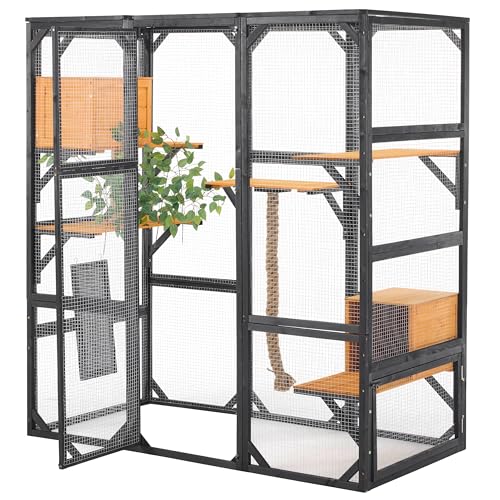 Outdoor Cat House, 68.5" H Large Wood Cat Catio with Double Enter Doors, DIY Pet Enclosure, 62.8" L x 32.2" W x68.5 H Balcony Cat Playpen with Platforms and Two Condos (Black Brown/97) JIVOIT